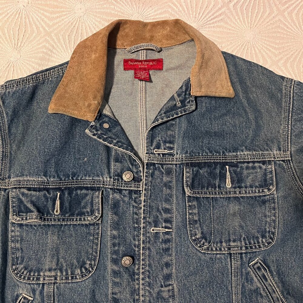 Denim Jacket with Genuine Leather Collar - Vintage